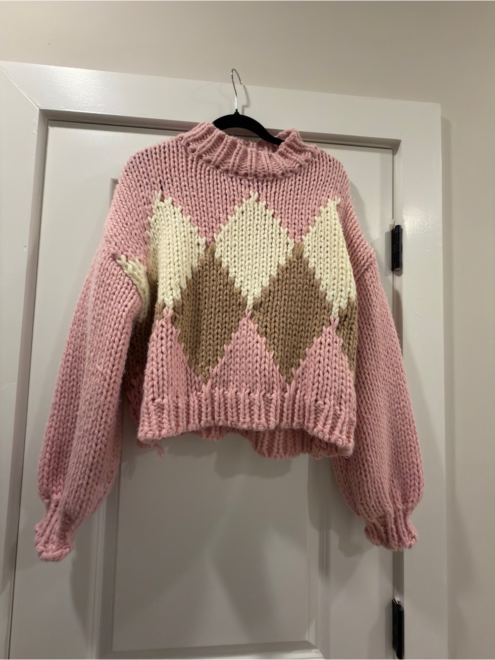 Altar'd State Pink Argyle Chunky Turtleneck Sweater - Size Large